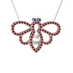 Bumblebee Arı Kolye - Lab safir ve garnet 14 ayar beyaz altın kolye (40 cm gümüş rolo zincir) #efvwur