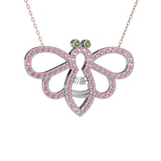 Peridot ve pembe kuvars 18 ayar beyaz altın kolye (40 cm rose altın rolo zincir)