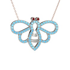 Bumblebee Arı Kolye - Garnet ve akuamarin 14 ayar beyaz altın kolye (40 cm rose altın rolo zincir) #f4ahg3