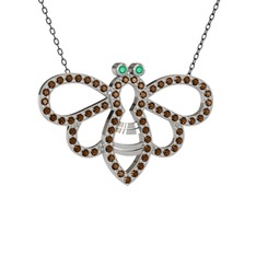 Bumblebee Arı Kolye - Kök zümrüt ve dumanlı kuvars 14 ayar beyaz altın kolye (40 cm gümüş rolo zincir) #h7i54z