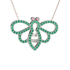 Bumblebee Arı Kolye - Pembe kuvars ve kök yakut 8 ayar beyaz altın kolye (40 cm rose altın rolo zincir) #hrvn74