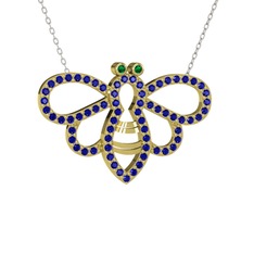 Bumblebee Arı Kolye - Yeşil kuvars ve lab safir 925 ayar altın kaplama gümüş kolye (40 cm beyaz altın rolo zincir) #ii65x