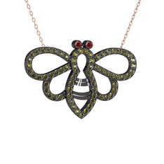 Garnet ve peridot 925 ayar siyah rodyum kaplama gümüş kolye (40 cm rose altın rolo zincir)