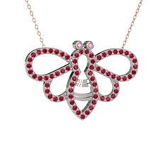 Pembe kuvars ve rodolit garnet 18 ayar beyaz altın kolye (40 cm rose altın rolo zincir)
