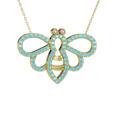 Bumblebee Arı Kolye - Pembe kuvars ve akuamarin 18 ayar altın kolye (40 cm altın rolo zincir) #jat2q8