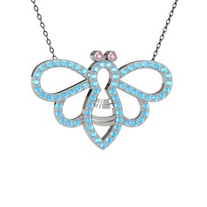 Bumblebee Arı Kolye - Pembe kuvars ve akuamarin 14 ayar beyaz altın kolye (40 cm gümüş rolo zincir) #jwhm77
