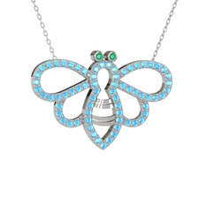 Bumblebee Arı Kolye - Kök zümrüt ve akuamarin 14 ayar beyaz altın kolye (40 cm beyaz altın rolo zincir) #kkl8au