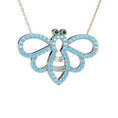 Bumblebee Arı Kolye - Yeşil kuvars ve akuamarin 14 ayar beyaz altın kolye (40 cm rose altın rolo zincir) #lfq0ci