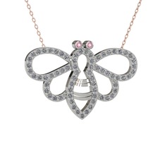 Bumblebee Arı Kolye - Pembe kuvars ve pırlanta 18 ayar beyaz altın kolye (0.737 karat, 40 cm rose altın rolo zincir) #lra9l5