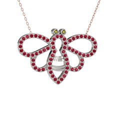 Peridot ve rodolit garnet 18 ayar beyaz altın kolye (40 cm rose altın rolo zincir)