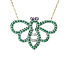 Bumblebee Arı Kolye - Ametist ve yeşil kuvars 8 ayar beyaz altın kolye (40 cm altın rolo zincir) #mx7nq