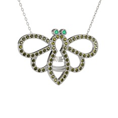 Bumblebee Arı Kolye - Kök zümrüt ve peridot 8 ayar beyaz altın kolye (40 cm beyaz altın rolo zincir) #n43gos