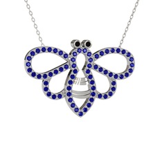 Bumblebee Arı Kolye - Siyah zirkon ve lab safir 14 ayar beyaz altın kolye (40 cm gümüş rolo zincir) #npc8bt