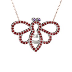 Bumblebee Arı Kolye - Ametist ve garnet 18 ayar beyaz altın kolye (40 cm rose altın rolo zincir) #o2n81m