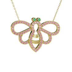 Bumblebee Arı Kolye - Kök zümrüt ve pembe kuvars 8 ayar altın kolye (40 cm altın rolo zincir) #o2ntk2