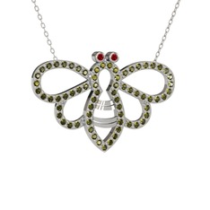 Bumblebee Arı Kolye - Garnet ve peridot 8 ayar beyaz altın kolye (40 cm beyaz altın rolo zincir) #ofrqyn
