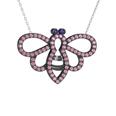 Bumblebee Arı Kolye - Lab safir ve pembe kuvars 925 ayar siyah rodyum kaplama gümüş kolye (40 cm gümüş rolo zincir) #ouckuv