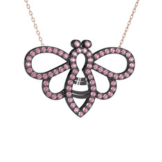 Bumblebee Arı Kolye - Pembe kuvars 925 ayar siyah rodyum kaplama gümüş kolye (40 cm rose altın rolo zincir) #pmhntn