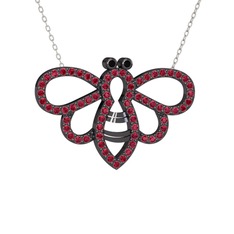 Bumblebee Arı Kolye - Siyah zirkon ve rodolit garnet 925 ayar siyah rodyum kaplama gümüş kolye (40 cm beyaz altın rolo zincir) #qeh2l3