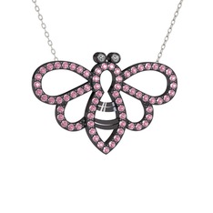 Bumblebee Arı Kolye - Beyaz zirkon ve pembe kuvars 925 ayar siyah rodyum kaplama gümüş kolye (40 cm beyaz altın rolo zincir) #qndu7s
