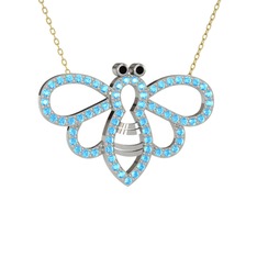 Bumblebee Arı Kolye - Siyah zirkon ve akuamarin 8 ayar beyaz altın kolye (40 cm altın rolo zincir) #re2ee4