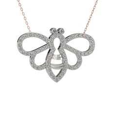 Bumblebee Arı Kolye - Pırlanta ve beyaz zirkon 18 ayar beyaz altın kolye (0.022 karat, 40 cm rose altın rolo zincir) #rvwpfr