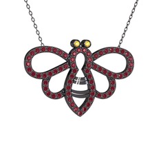 Bumblebee Arı Kolye - Sitrin ve kök zümrüt 925 ayar siyah rodyum kaplama gümüş kolye (40 cm gümüş rolo zincir) #sr07z4