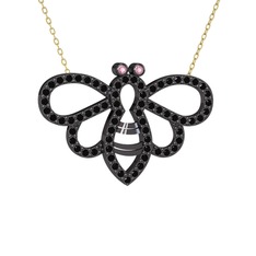 Bumblebee Arı Kolye - Pembe kuvars ve siyah zirkon 925 ayar siyah rodyum kaplama gümüş kolye (40 cm gümüş rolo zincir) #t28rvs