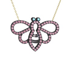 Bumblebee Arı Kolye - Akuamarin ve pembe kuvars 925 ayar siyah rodyum kaplama gümüş kolye (40 cm altın rolo zincir) #tf3ohk
