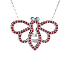 Akuamarin ve rodolit garnet 925 ayar gümüş kolye (40 cm beyaz altın rolo zincir)