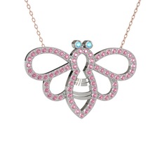 Bumblebee Arı Kolye - Akuamarin ve pembe kuvars 18 ayar beyaz altın kolye (40 cm rose altın rolo zincir) #u4136q