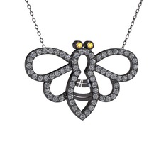 Bumblebee Arı Kolye - Sitrin ve pırlanta 925 ayar siyah rodyum kaplama gümüş kolye (0.737 karat, 40 cm gümüş rolo zincir) #u4ozl