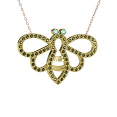 Bumblebee Arı Kolye - Akuamarin ve peridot 8 ayar altın kolye (40 cm rose altın rolo zincir) #uh1svl
