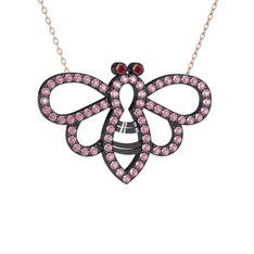 Rodolit garnet ve pembe kuvars 925 ayar siyah rodyum kaplama gümüş kolye (40 cm rose altın rolo zincir)
