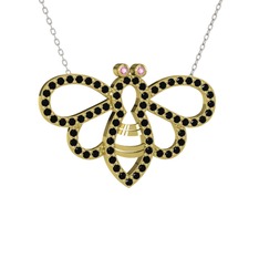 Bumblebee Arı Kolye - Pembe kuvars ve siyah zirkon 18 ayar altın kolye (40 cm beyaz altın rolo zincir) #x9q6bq