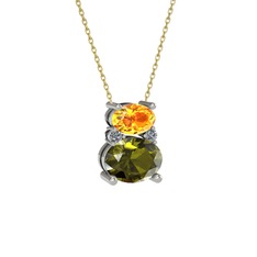 Sitrin, peridot ve pırlanta 8 ayar beyaz altın kolye (0.036 karat, 40 cm altın rolo zincir)