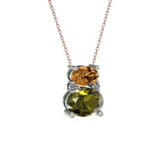 Dumanlı kuvars, peridot ve pırlanta 14 ayar beyaz altın kolye (0.036 karat, 40 cm gümüş rolo zincir)