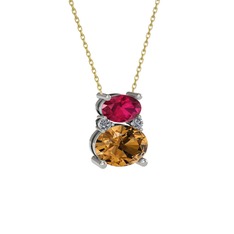 Rodolit garnet, dumanlı kuvars ve pırlanta 18 ayar beyaz altın kolye (0.036 karat, 40 cm gümüş rolo zincir)