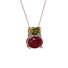 Thea Kolye - Peridot, kök yakut ve pırlanta 8 ayar rose altın kolye (0.036 karat, 40 cm rose altın rolo zincir) #110hzri