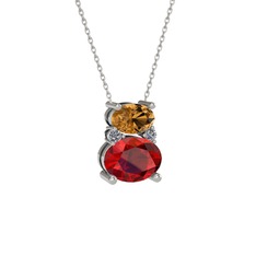 Dumanlı kuvars, garnet ve pırlanta 14 ayar beyaz altın kolye (0.036 karat, 40 cm gümüş rolo zincir)