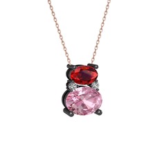 Garnet, pembe kuvars ve swarovski 925 ayar siyah rodyum kaplama gümüş kolye (40 cm gümüş rolo zincir)