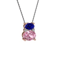 Lab safir, pembe kuvars ve swarovski 8 ayar rose altın kolye (40 cm gümüş rolo zincir)