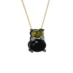 Thea Kolye - Peridot, siyah zirkon ve pırlanta 925 ayar siyah rodyum kaplama gümüş kolye (0.036 karat, 40 cm altın rolo zincir) #12mkyci