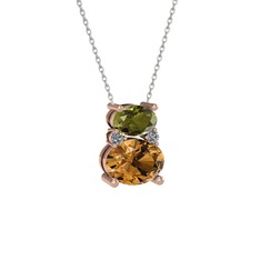 Thea Kolye - Peridot, dumanlı kuvars ve pırlanta 18 ayar rose altın kolye (0.036 karat, 40 cm beyaz altın rolo zincir) #13nu79y