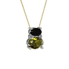 Siyah zirkon, peridot ve pırlanta 18 ayar beyaz altın kolye (0.036 karat, 40 cm altın rolo zincir)