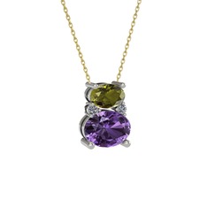 Peridot, ametist ve pırlanta 8 ayar beyaz altın kolye (0.036 karat, 40 cm altın rolo zincir)