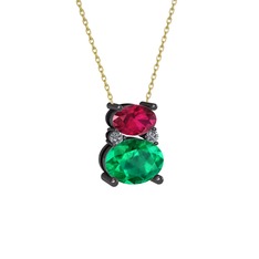 Thea Kolye - Rodolit garnet, yeşil kuvars ve pırlanta 925 ayar siyah rodyum kaplama gümüş kolye (0.036 karat, 40 cm altın rolo zincir) #14msnip