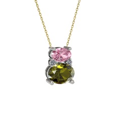 Thea Kolye - Pembe kuvars, peridot ve pırlanta 14 ayar beyaz altın kolye (0.036 karat, 40 cm gümüş rolo zincir) #14w6onb