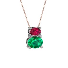 Rodolit garnet, yeşil kuvars ve pırlanta 8 ayar beyaz altın kolye (0.036 karat, 40 cm rose altın rolo zincir)