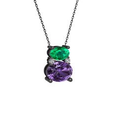 Thea Kolye - Yeşil kuvars, ametist ve swarovski 925 ayar siyah rodyum kaplama gümüş kolye (40 cm gümüş rolo zincir) #15sfrwu